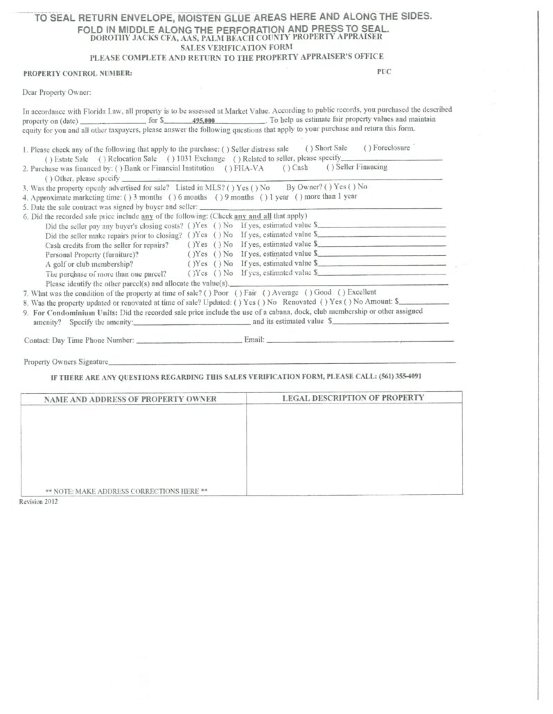 Palm Beach County Property Appraiser Sales Verification Form